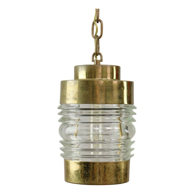 Vintage Italian Brass and Glass Lantern Pendant Lamp, 1960s For Sale