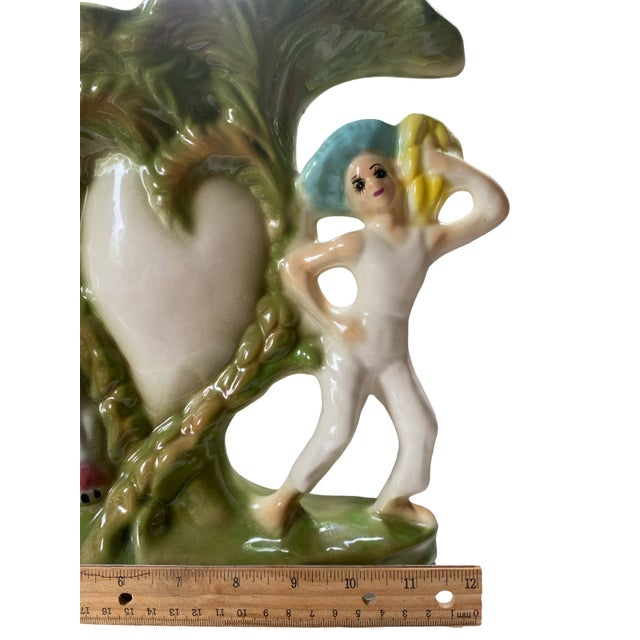 Boho Chic 1930s Polychrome Italian Vase With Palm Trees, Woman With Bananas and Elephant With Upturned Trunk For Sale - Image 3 of 10