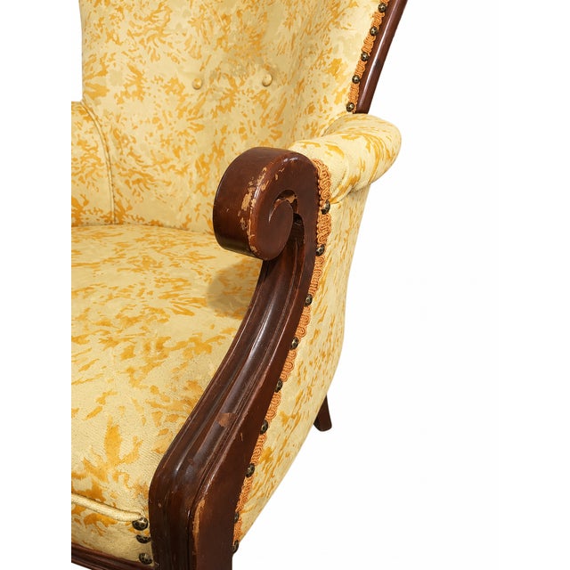 Vintage Wingback Lounge Chair With Solid Wood Frame & Yellow Damask Upholstery For Sale In Baltimore - Image 6 of 9