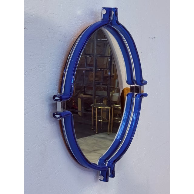 Italian Italian Oval Mirror With Sculptural Blue Frame, 1980s For Sale - Image 3 of 9