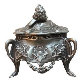 Vintage Art Nouveau Style Embossed Metal Trinket Jewelry Box For Sale