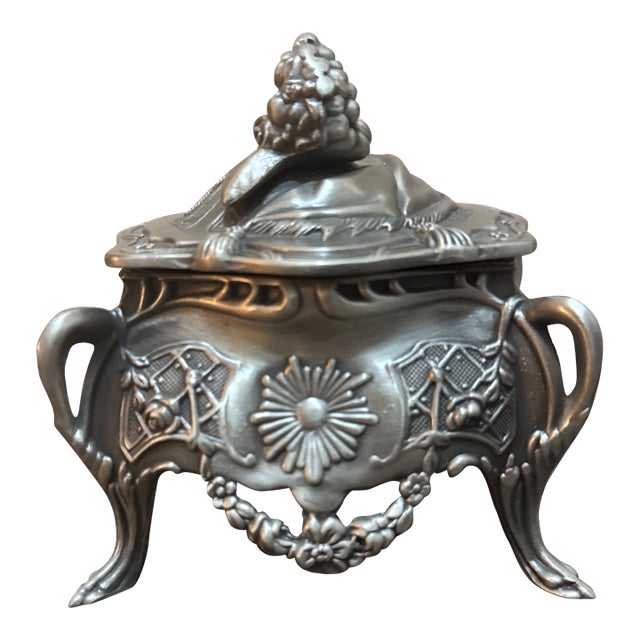 Vintage Art Nouveau Style Embossed Metal Trinket Jewelry Box For Sale