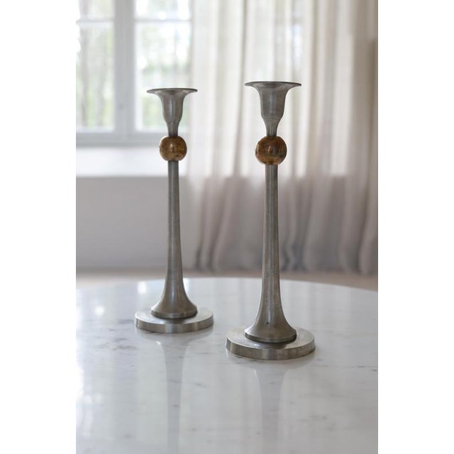 Art Deco Candleholders in Pewter and Brass, Sweden, 1930s, Set of 2 For Sale - Image 3 of 9