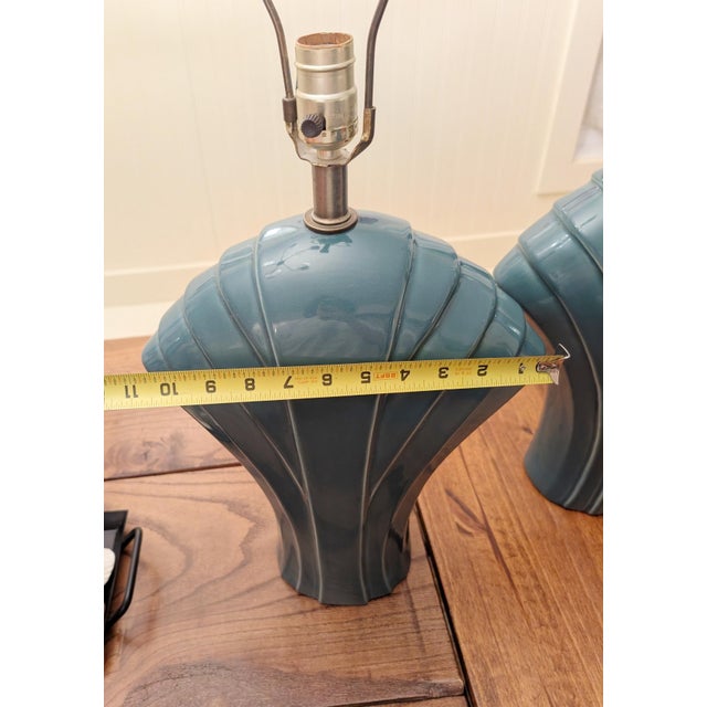 Markel Corporation 1960s Art Deco Teal Ceramic Lamp Set - a Pair For Sale - Image 4 of 5