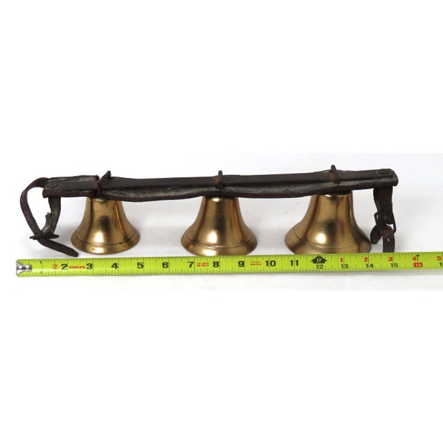 Nice Original Set of 3 Antique American Leather & Brass Horse Drawn Snow Sleigh & Buggy Bells For Sale - Image 9 of 13