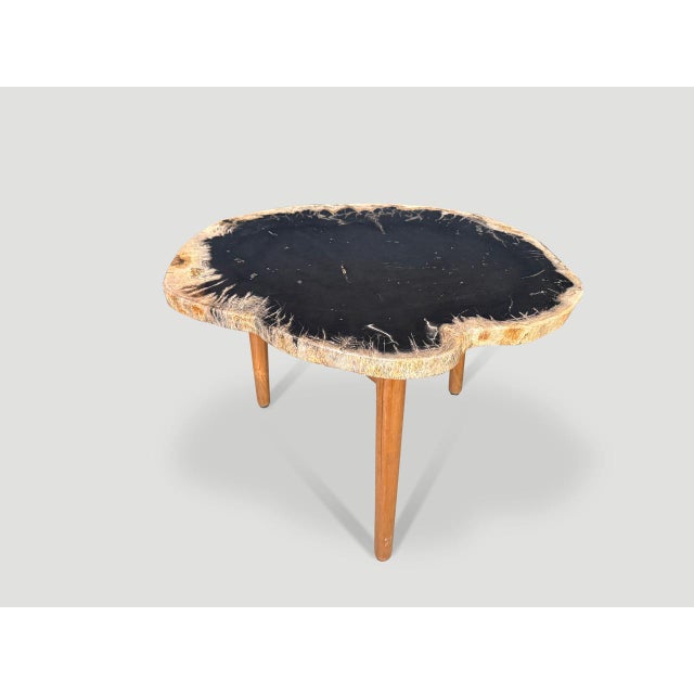 Striking contrasting colors on this palm petrified wood slab top resting on a natural teak wood minimalist base. The slab...