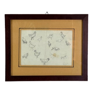 Delightful Vintage Study of Chicken, Framed Signed Pencil on Paper For Sale