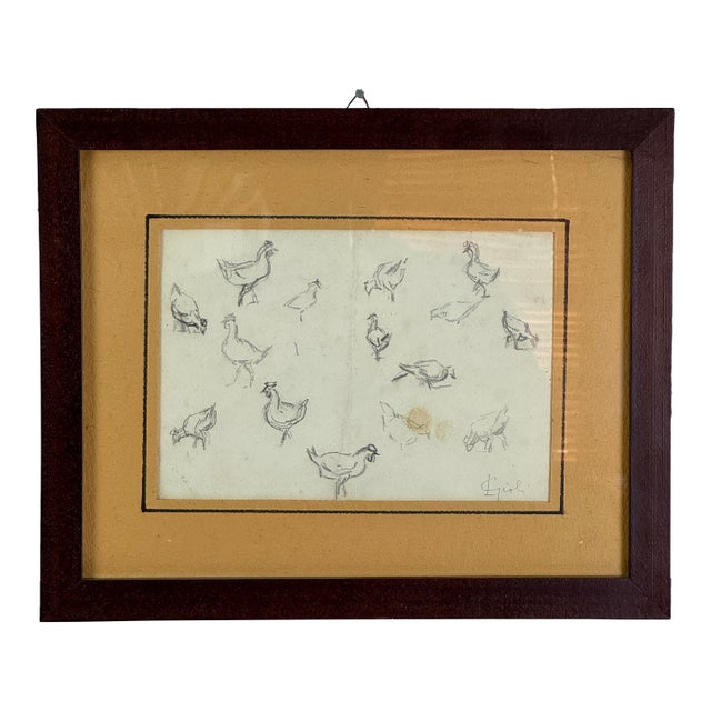 Delightful Vintage Study of Chicken, Framed Signed Pencil on Paper For Sale