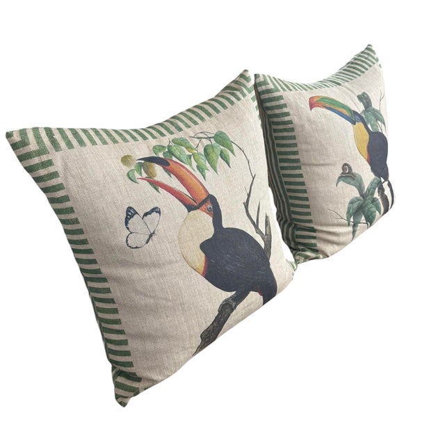 English Vintage Tropical Linen Toucan Throw Pillows With Green Striped Borders, 2 Pieces For Sale - Image 3 of 12
