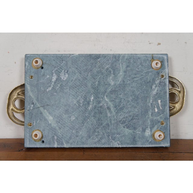 Vintage Green Marble Brass French Horn Handle Cheese Serving Board Tray For Sale - Image 11 of 12