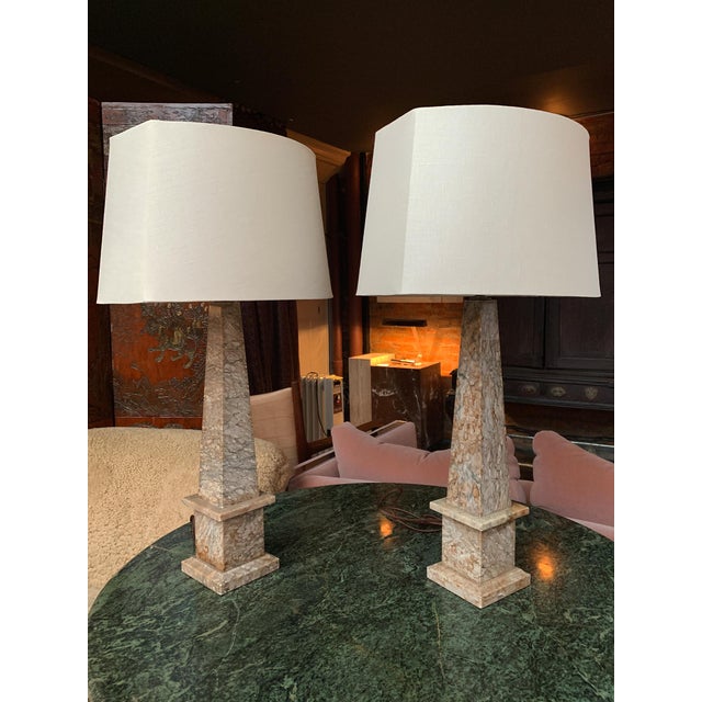 These obelisk-form marble table lamps are newly rewired and have single bulb sockets. They're fitted with new harps and...