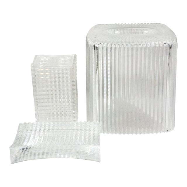 Vintage Mid-Century Clear Ribbed Lucite Bathroom Vanity Set – 3 Pieces For Sale
