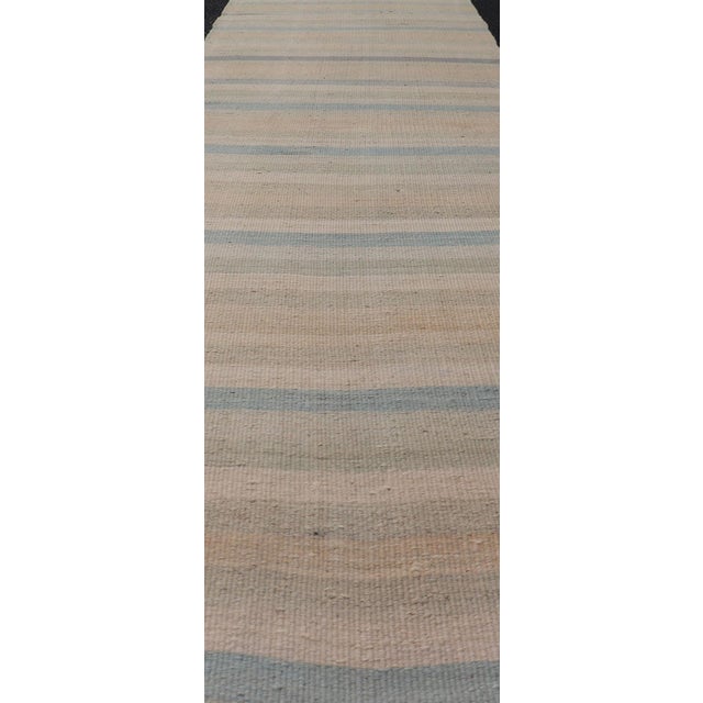 Traditional Vintage Turkish Kilim Runner Pastel Stripes Ivory Blue Beige Wool Rug For Sale - Image 3 of 11