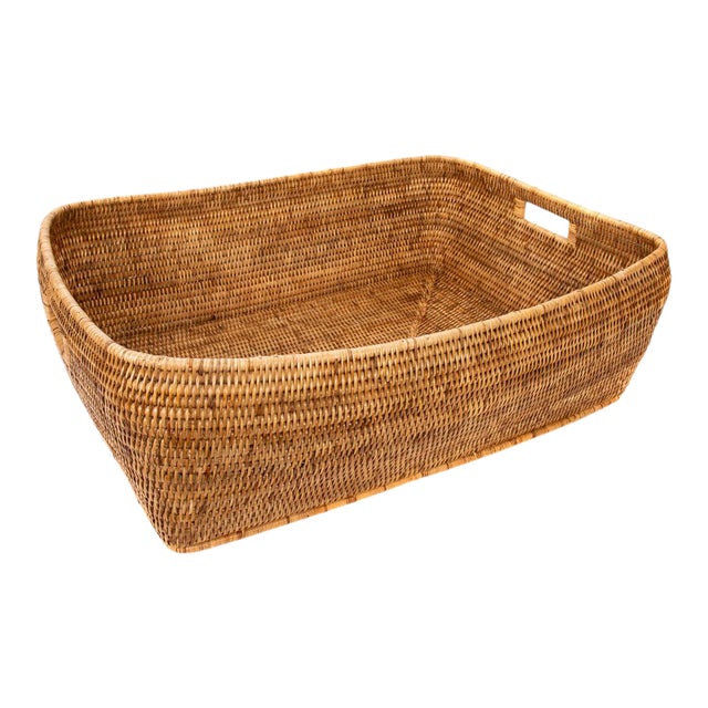 Artifacts Rattan Rectangular Oblong Storage Basket in Honey Brown - 26" For Sale