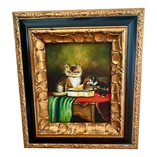 Mid 20th Century Oil on Board Painting of Playful Kittens - Signed 'Scott' (After Jules Leroy) in Ornate Gold Toned With Black Accent Frame. For Sale