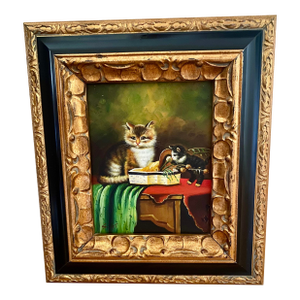 Mid 20th Century Oil on Board Painting of Playful Kittens - Signed 'Scott' (After Jules Leroy) in Ornate Gold Toned With Black Accent Frame