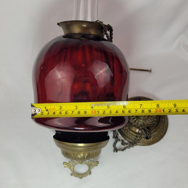 Metal Antique Ruby Red Glass Hanging Oil Lamp Macbeth Pearl Glass Chimney Brass Trim For Sale - Image 7 of 13