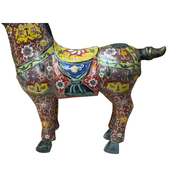Vintage Oriental Chinese Reddish Maroon Cloisonne Metal Horse Figure For Sale - Image 13 of 14