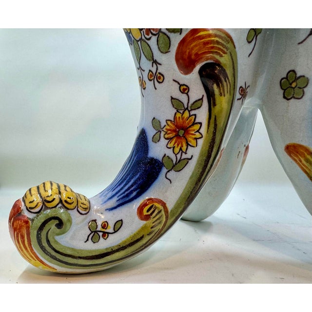 French 19th Century Rouen Faience 3 Horn Cornucopia Vase From France For Sale - Image 3 of 12