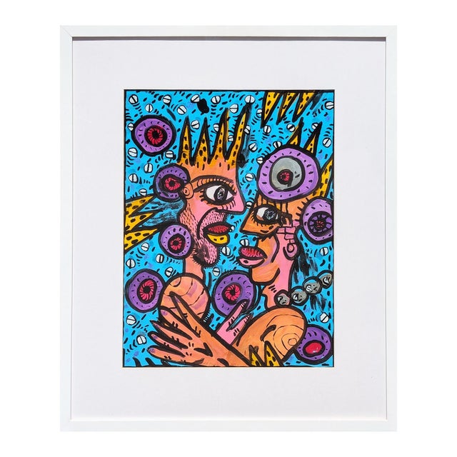 Colorful contemporary figurative abstract by Texas based artist Richard E. Fluhr. The work features a pair of embracing...