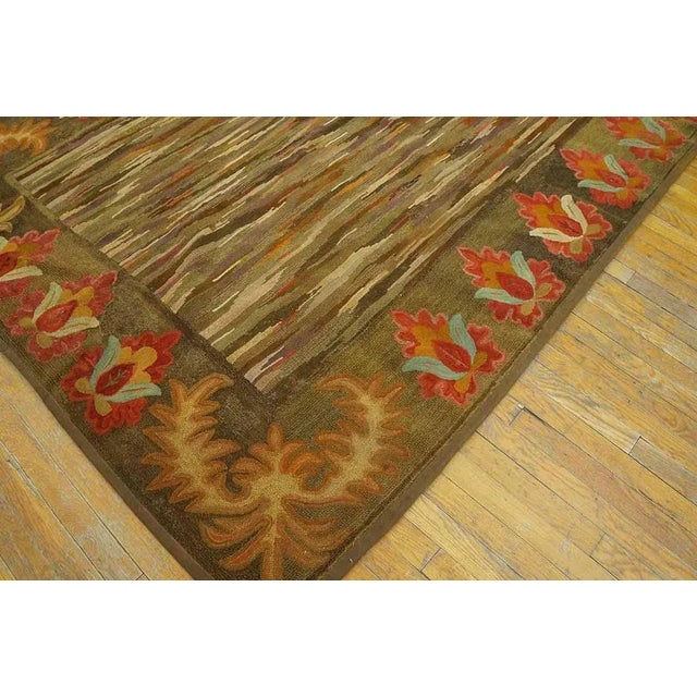 Pretty Sienna-Brown Background With Detail of Folk Art Styles in a Strie Pattern Antique American Hooked Rug For Sale - Image 10 of 10