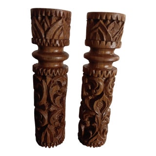 1970s Pair of Handcarved Sheesham Wood Candle Holders For Sale