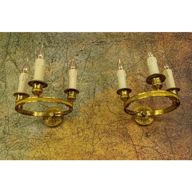 1920s Empire French Brass and Bronze Three-Light Wall Sconces, 1920s, Set of 2 For Sale - Image 5 of 18