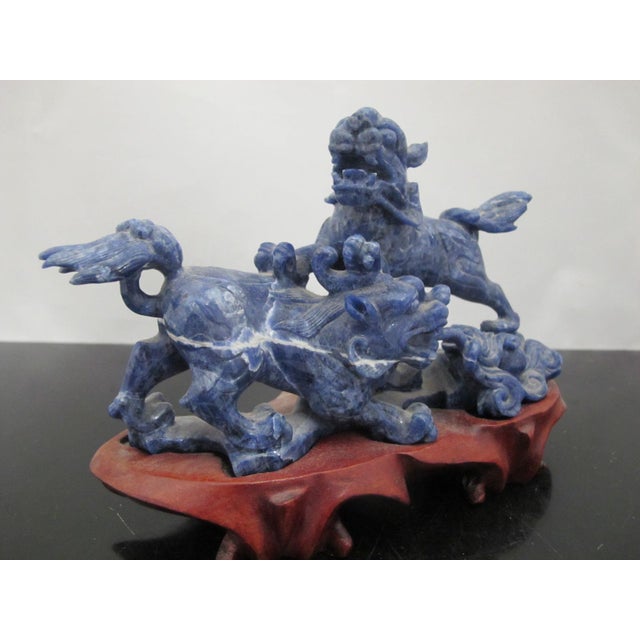 Late 19th Century Chinese Carved Lapis Lazuli 2 Foo Dog Playing Figurine on Wood Stand For Sale - Image 5 of 12