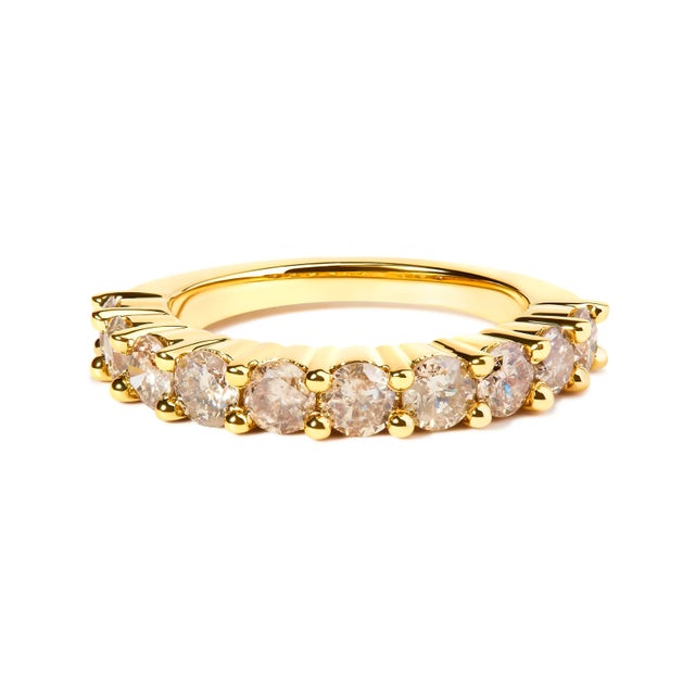 14K Yellow Gold Plated .925 Sterling Silver 2.0 Cttw Round Brilliant Cut Diamond 10 Stone Anniversary Band Ring (J-K Color, I1-I2 Clarity) - Size 8 For Sale