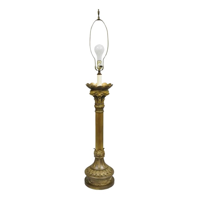 Antique French Empire Patinated Bronze Corinthian Column Candlestick Table Lamp For Sale
