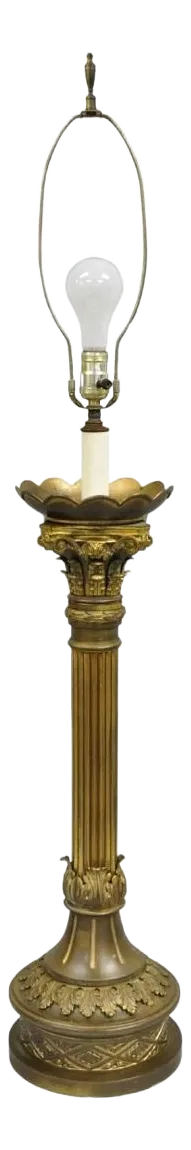 Antique French Empire Patinated Bronze Corinthian Column Candlestick Table Lamp