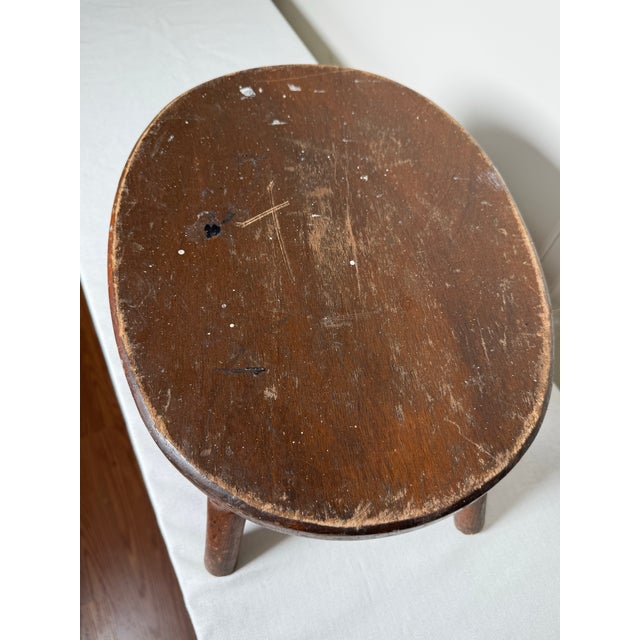 Brown Vintage Early American Primitive Oval Splayed Solid Wood Turned Leg Low Stool For Sale - Image 8 of 10