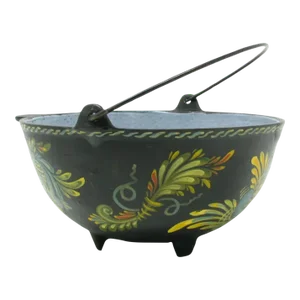 Vintage Enameled Cast Iron Footed Pot With Hand-Painted Rosemale Pattern Signed by Artist