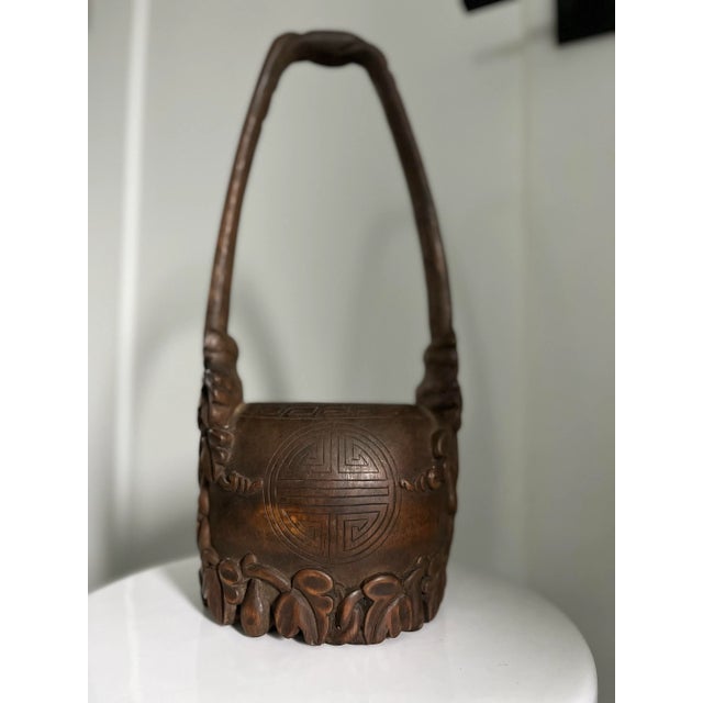 Folk Art Early 1900s Intricately Hand-Carved Bamboo Water Pail/Flower Vase For Sale - Image 3 of 10