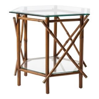 Vintage 1970’s Two-Tier Real Bamboo & Glass Octagonal Side Table - Brass Capped - McGuire Style For Sale