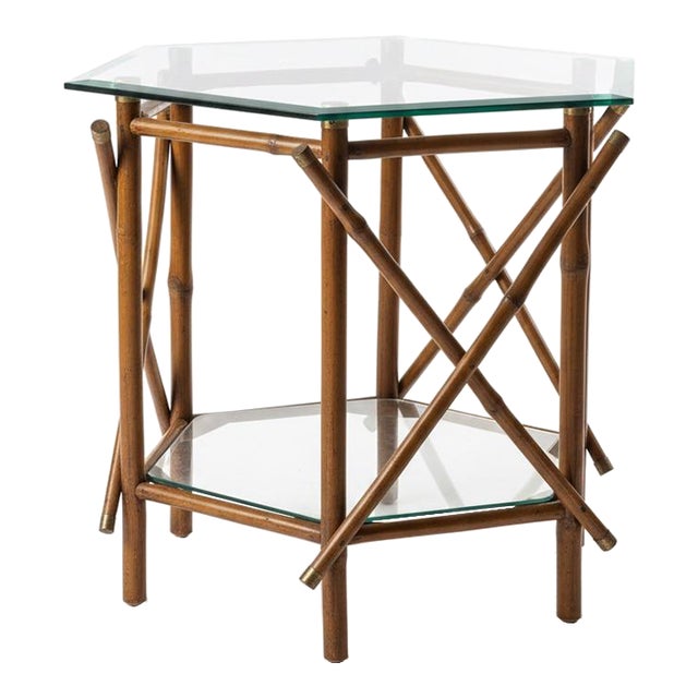Vintage 1970’s Two-Tier Real Bamboo & Glass Octagonal Side Table - Brass Capped - McGuire Style For Sale