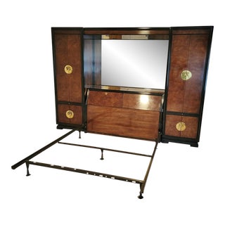 Vintage Bernhardt Asian Burl Burlwood Black Lacquer Modular Storage Bed Set For Sale