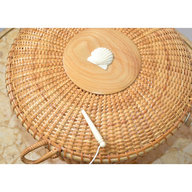 Vintage Lidded Basket Handmade Bamboo & Handwoven Rattan Nautical Seashell 1980 For Sale - Image 9 of 13