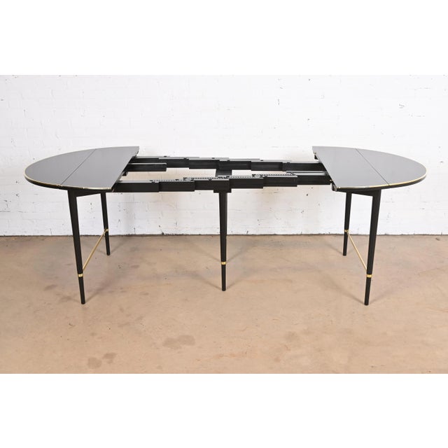 1950s Paul McCobb Connoisseur Collection Black Lacquered Mahogany and Brass Extension Dining Table, Newly Refinished For Sale - Image 5 of 13