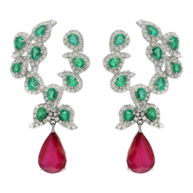 10.04 Ct Emerald & Diamond 14k Solid Gold Paisley Earrings With Dangling Ruby- A Pair For Sale