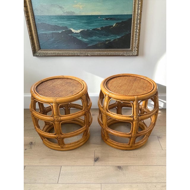 1970s Vintage Post Modern Bent Bamboo & Rattan Side Tables or Stools – A Pair For Sale - Image 5 of 12
