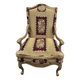 Vintage Lexington Furniture Tapestry Carved Arm Chair For Sale