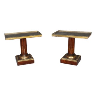 Pair of French Directiore Style Marble Top Pedestal & Brass Mounts End Tables For Sale