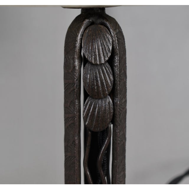 Metal Darboy & Daum Pair of French Art Deco Orange & Yellow Glass Wrought Iron Table Lamp 1920ss For Sale - Image 7 of 13