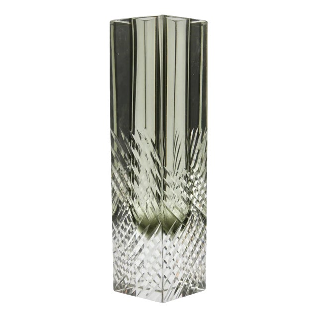 Handcut Murano Glass Block Vase in Smokey Anthracite with Diagonal Lines by Flavio Poli For Sale