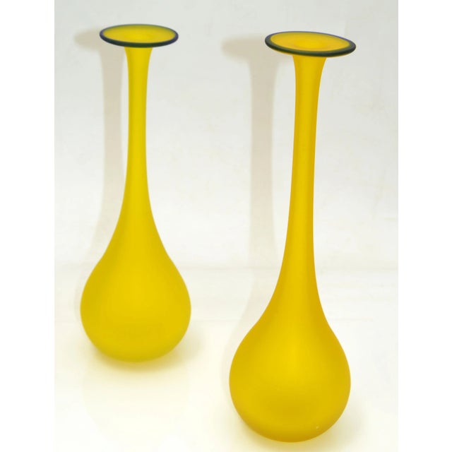 Pair - Mid-Century Modern Translucent Blue and Yellow Satin Glass Bud Vase Italy For Sale - Image 12 of 13