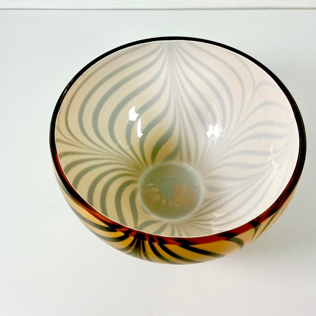 Mid-Century Hollywood Regency Boho Chic Polish Hand Blown Glass Tiger Striped Encased Bowl, Murano Style For Sale - Image 6 of 12