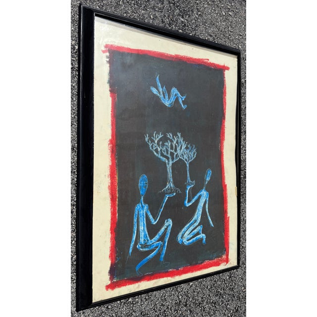 Original mixed-media or pastel painting featuring elongated, stylized blue figures against a dark, textured background,...