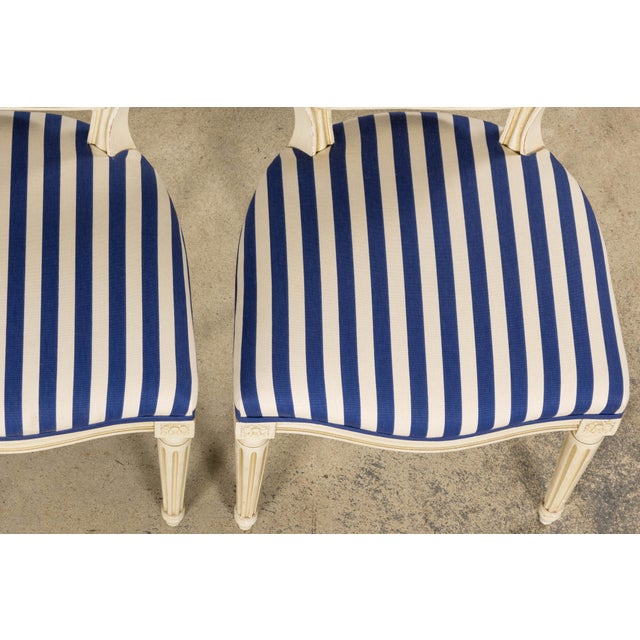 Early 20th Century Pair of Antique French Louis XVI Style Painted Side Chairs in Blue Stripe For Sale - Image 5 of 18