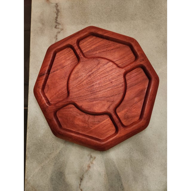 1970s Modern Sculptural Solid Teak Lazy Susan sectioned swirling serving platter exquisite wood grain 14 x 1 Preowned...